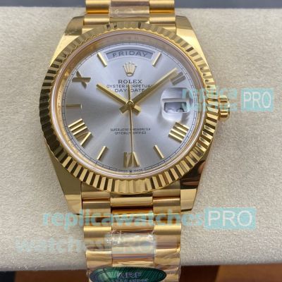 Swiss Replica ARF 3255 Yellow Gold Rolex Day-Date Silver Face Watch 40mm 